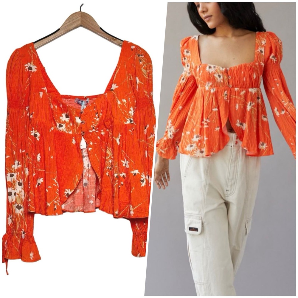 Urban Outfitters | Women | Allie Orange Floral Babydoll Blouse Top | Size Small